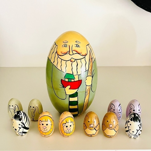 Vintage Terry's Village Hand Painted Noah's Ark Nesting Doll 10 Egg Animals - Picture 1 of 6